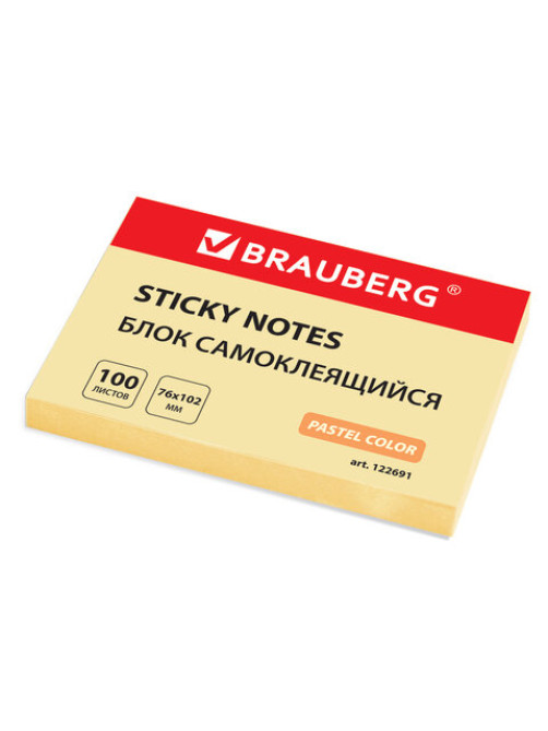 Блок самоклеящийся (стикеры) BRAUBERG, ПАСТЕЛЬНЫЙ, 76х102 мм, 100 листов, желтый, 122691