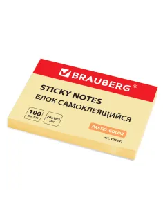 Блок самоклеящийся (стикеры) BRAUBERG, ПАСТЕЛЬНЫЙ, 76х102 мм, 100 листов, желтый, 122691