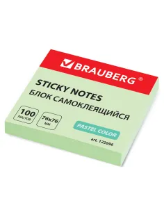 Блок самоклеящийся (стикеры) BRAUBERG, ПАСТЕЛЬНЫЙ, 76х76 мм, 100 листов, зеленый, 122696