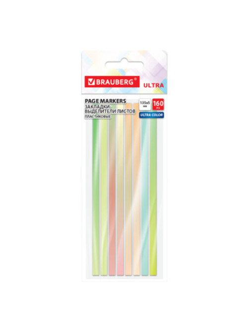 Закладки клейкие, выделители текста, BRAUBERG ULTRA COLOR, 135х5 мм, 160 штук (8 цветов х 20 листов), 116685
