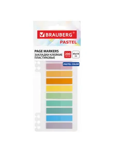 Закладки клейкие пастельные BRAUBERG PASTEL, пластиковые, 45х10 мм, 10 цветов х 20 листов, 115579