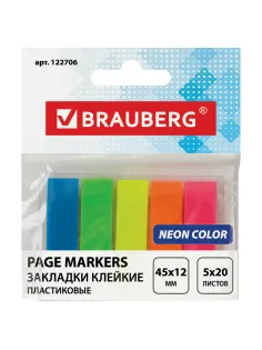Закладки клейкие неоновые BRAUBERG, 45х12 мм, 100 штук (5 цветов х 20 листов), на пластиковом основании, 122706