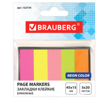 Закладки клейкие неоновые BRAUBERG бумажные, 45х15 мм, 100 штук (5 цветов х 20 листов), в картонной книжке, 122734