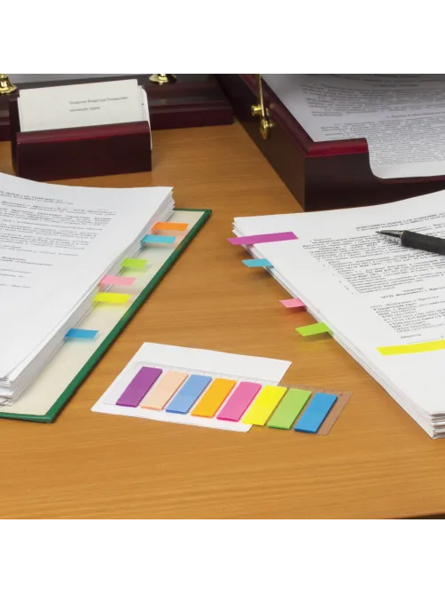Закладки клейкие неоновые STAFF, 45х12 мм, 200 штук (8 цветов х 25 листов), на пластиковой линейке 12 см, 129356