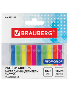 Закладки клейкие неоновые BRAUBERG, 48х6 мм, 200 штук (10 цветов х 20 листов), 123227
