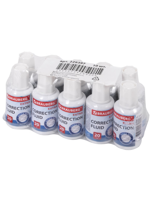 Корректирующая жидкость BRAUBERG EXTRA быстросохнущая, 20 мл, с кисточкой, 229397