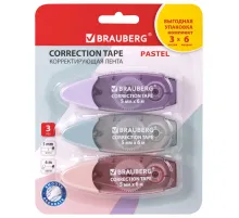 Корректирующая лента BRAUBERG PASTEL, 5 мм х 6 м, ВЫГОДНАЯ УПАКОВКА 3 штуки в блистере, 272658