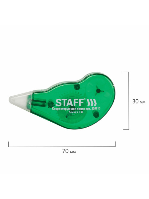 Корректирующая лента STAFF EVERYDAY, 5 мм х 3 м, корпус зеленый, механизм перемотки, блистер, 226810