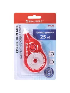 Корректирующая лента BRAUBERG MAXI PLUS, 5 мм х 25 м, механизм перемотки, корпус красный, блистер, 272501