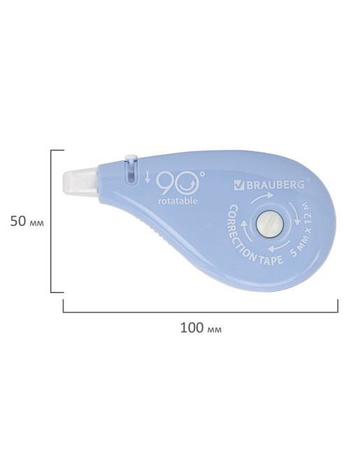 Корректирующая лента BRAUBERG PASTEL 5 мм х 12 м, вращающийся наконечник 90°, механизм перемотки, корпус голубой, блистер, 272488