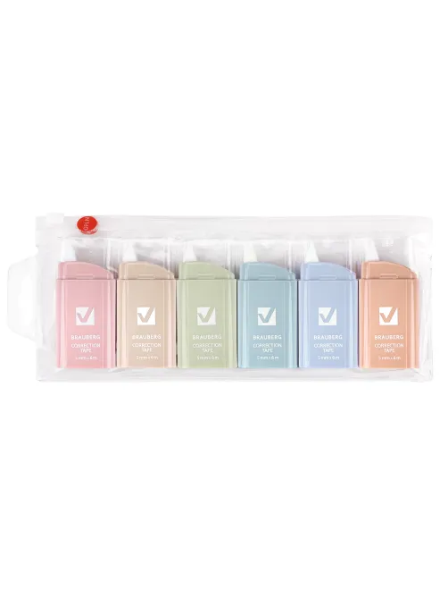Корректирующая лента BRAUBERG COMPACT PASTEL, 5 мм х 6 м, КОМПЛЕКТ 6 штук, пенал с zip-lock, 272496