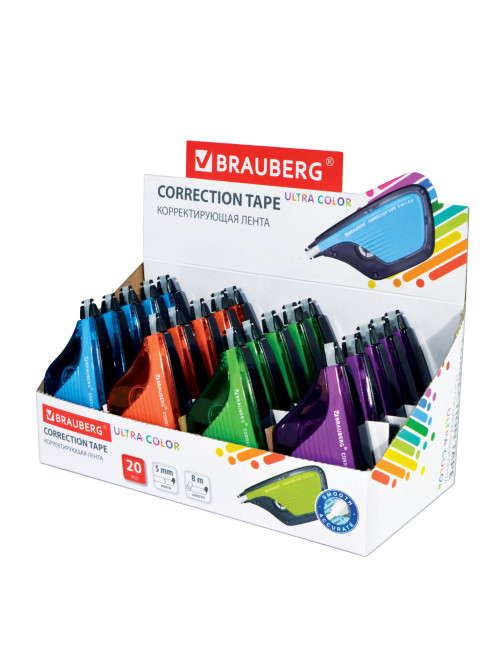 Корректирующая лента BRAUBERG ULTRA COLOR, 5 мм х 8 м, корпус ассорти, дисплей, 229065