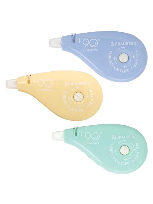 Корректирующая лента BRAUBERG PASTEL 5 мм х 12 м, вращающийся наконечник 90°, ВЫГОДНАЯ УПАКОВКА 3 штуки в блистере,механизм перемотки,272489