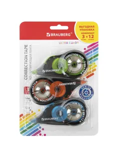Корректирующая лента BRAUBERG ULTRA COLOR, 5 мм x 12 м, механизм перемотки, ВЫГОДНАЯ УПАКОВКА 3 штуки в блистере, 271253