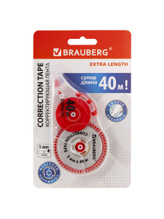 Корректирующая лента BRAUBERG EXTRA LENGTH, 5 мм х 40 м, механизм перемотки, корпус прозрачный, блистер, 272502