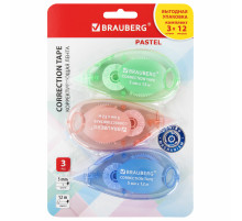 Корректирующая лента BRAUBERG PASTEL, 5 мм x 12 м, механизм перемотки, ВЫГОДНАЯ УПАКОВКА 3 штуки в блистере, 271252