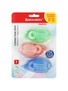 Корректирующая лента BRAUBERG PASTEL, 5 мм x 12 м, механизм перемотки, ВЫГОДНАЯ УПАКОВКА 3 штуки в блистере, 271252