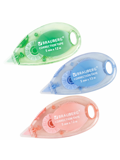 Корректирующая лента BRAUBERG PASTEL, 5 мм x 12 м, механизм перемотки, ВЫГОДНАЯ УПАКОВКА 3 штуки в блистере, 271252