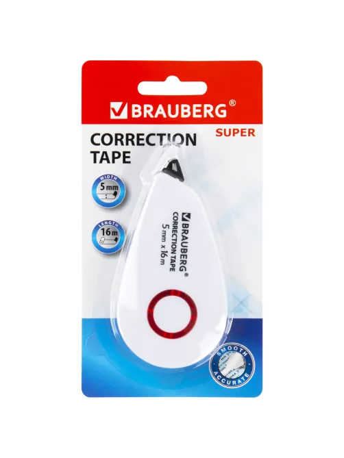 Корректирующая лента BRAUBERG SUPER, 5 мм х 16 м, корпус белый, блистер, 229061