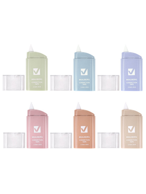 Корректирующая лента BRAUBERG COMPACT PASTEL, 5 мм х 6 м, КОМПЛЕКТ 6 штук, пенал с zip-lock, 272496
