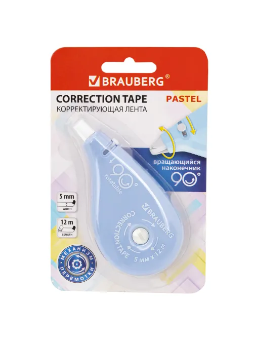 Корректирующая лента BRAUBERG PASTEL 5 мм х 12 м, вращающийся наконечник 90°, механизм перемотки, корпус голубой, блистер, 272488