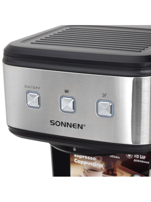 Кофеварка рожковая ручной капучинатор SONNEN CM8501, 1100 Вт, 1,5 л, 15 бар, черная/серебро, 456335