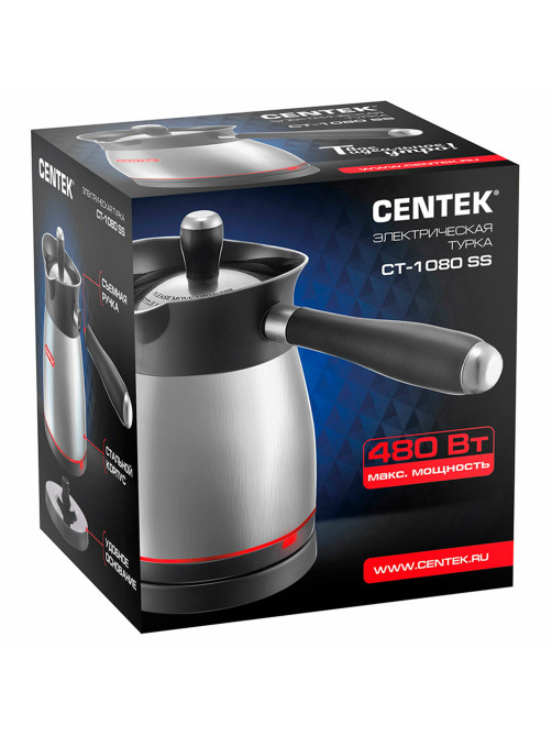 Турка электрическая CENTEK CT-1080, 0,5 л, 480 Вт, механическое управление, с крышкой, стальная, CT-1080 SS