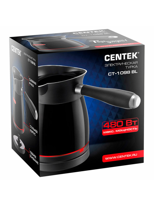 Турка электрическая CENTEK CT-1098, 0,5 л, 480 Вт, механическое управление, стальная, черная, CT-1098 SS