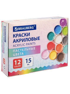 Краски акриловые ПАСТЕЛЬНЫЕ для рисования и творчества 12 цветов по 15 мл, BRAUBERG, 192694