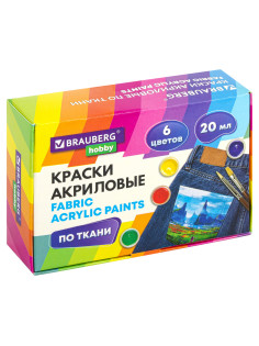 Краски акриловые по ткани 6 цветов по 20 мл, BRAUBERG HOBBY, 192441