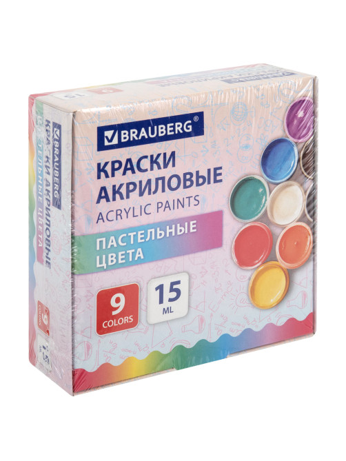 Краски акриловые ПАСТЕЛЬНЫЕ для рисования и творчества 9 цветов по 15 мл, BRAUBERG, 192693