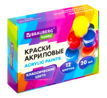 Краски акриловые для рисования и творчества 12 цветов по 20 мл, BRAUBERG HOBBY, 192435
