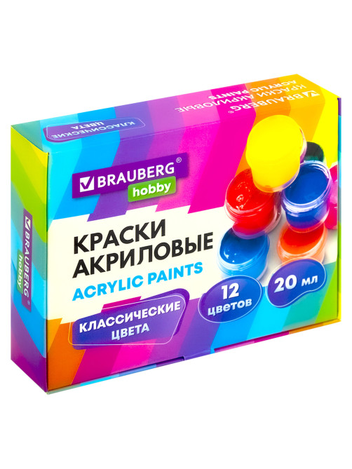 Краски акриловые для рисования и творчества 12 цветов по 20 мл, BRAUBERG HOBBY, 192435