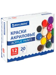 Краски акриловые для рисования и творчества 12 цветов по 20 мл, BRAUBERG, 192564