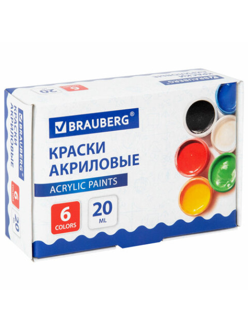 Краски акриловые для рисования и творчества 6 цветов по 20 мл, BRAUBERG, 192562