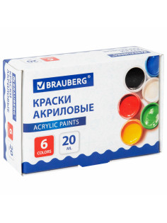 Краски акриловые для рисования и творчества 6 цветов по 20 мл, BRAUBERG, 192562