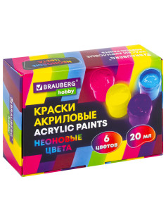 Краски акриловые НЕОНОВЫЕ для рисования и творчества 6 цветов по 20 мл, BRAUBERG HOBBY, 192438
