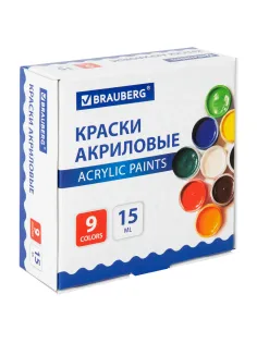 Краски акриловые для рисования и творчества 9 цветов по 15 мл, BRAUBERG, 192563