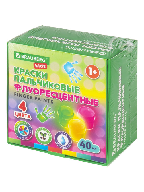 Краски пальчиковые флуоресцентные для малышей от 1 года, 4 цвета по 40 мл, BRAUBERG KIDS, 192399