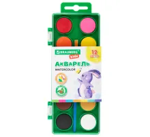 Краски акварельные BRAUBERG KIDS, 12 ярких цветов, круглые кюветы, пластиковый пенал, 191806