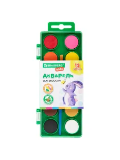 Краски акварельные BRAUBERG KIDS, 12 ярких цветов, круглые кюветы, пластиковый пенал, 191806