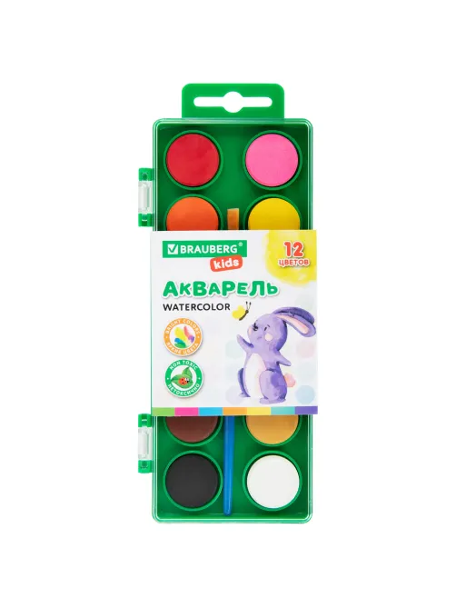 Краски акварельные BRAUBERG KIDS, 12 ярких цветов, круглые кюветы, пластиковый пенал, 191806