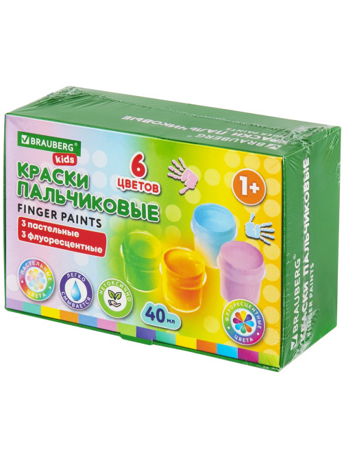 Краски пальчиковые для малышей от 1 года, 6 цветов (3 пастельных + 3 флуоресцентных) по 40 мл, BRAUBERG KIDS, 192400