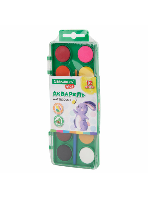 Краски акварельные BRAUBERG KIDS, 12 ярких цветов, круглые кюветы, пластиковый пенал, 191806