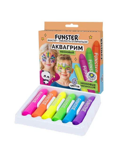 Аквагрим для лица и тела, 6 НЕОНОВЫХ цветов, FUNSTER (ФАНСТЕР), легко смываются, 192573