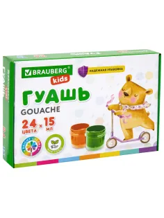 Гуашь BRAUBERG KIDS 24 цвета по 15 мл, надежная упаковка, 192688