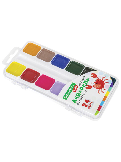 Краски акварельные BRAUBERG KIDS, медовые, 24 цвета, квадратные кюветы, пластиковый пенал, 192284