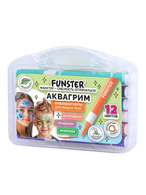 Аквагрим аквамаркеры для лица и тела, 12 цветов, FUNSTER (ФАНСТЕР), пластиковый кейс, 152609