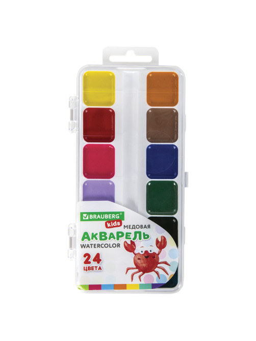 Краски акварельные BRAUBERG KIDS, медовые, 24 цвета, квадратные кюветы, пластиковый пенал, 192284