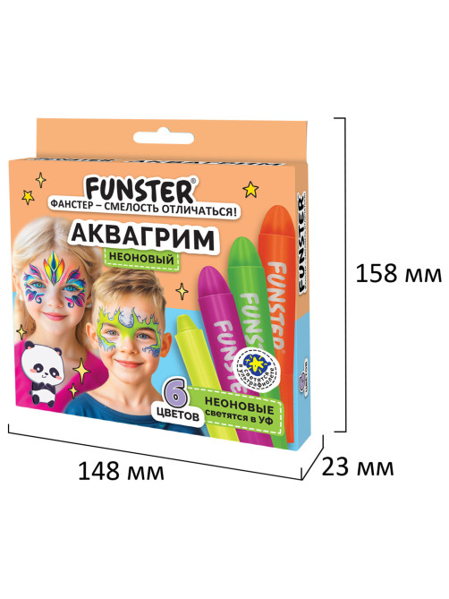 Аквагрим для лица и тела, 6 НЕОНОВЫХ цветов, FUNSTER (ФАНСТЕР), легко смываются, 192573
